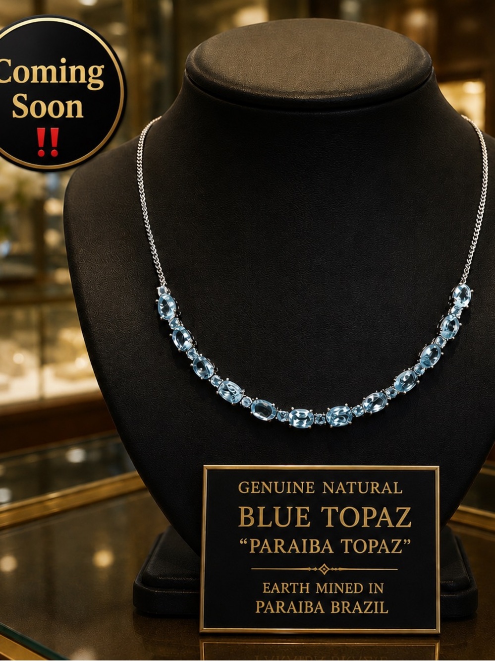 Natural "Neon" Blue Topaz Sky Blue Tennis Necklace 14k Electroplated on 925 SS